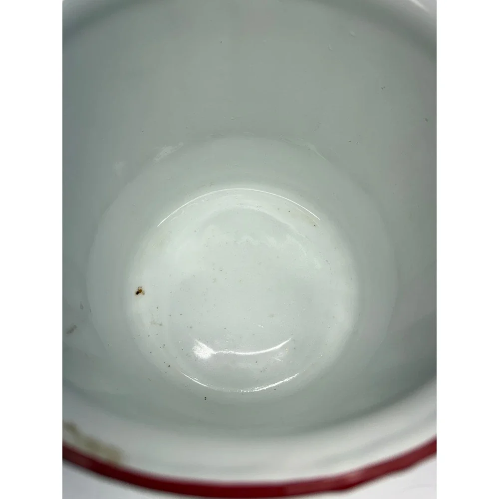 Vintage White Enamelware Lidded Pot Red Trim Wooden Handle Farmhouse Bucket